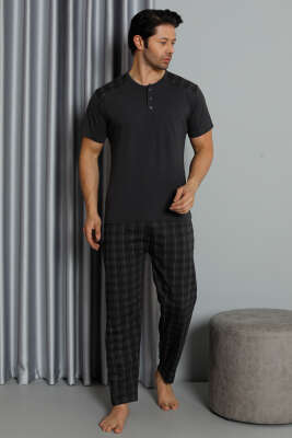 Ekose Garnili Kısa Kol Erkek Pijama Takımı Füme - GLİSA