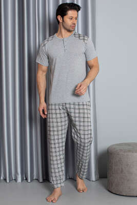 Ekose Garnili Kısa Kol Erkek Pijama Takımı Gri - GLİSA