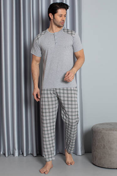 Ekose Garnili Kısa Kol Erkek Pijama Takımı Gri - Pijama