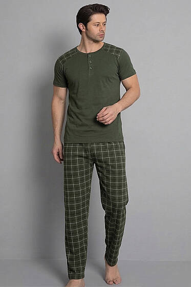 Ekose Garnili Kısa Kol Erkek Pijama Takımı Haki - Pijama