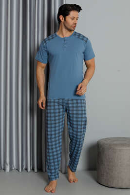 Ekose Garnili Kısa Kol Erkek Pijama Takımı İndigo - GLİSA