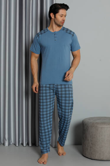Ekose Garnili Kısa Kol Erkek Pijama Takımı İndigo - Pijama