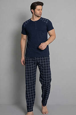 Ekose Garnili Kısa Kol Erkek Pijama Takımı Lacivert 