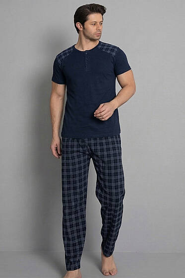 Ekose Garnili Kısa Kol Erkek Pijama Takımı Lacivert - Pijama