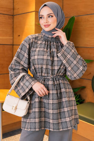 Ekose Geniş Kollu Oversize Tunik Gri - Tunik
