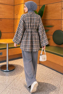 Ekose Geniş Kollu Oversize Tunik Gri - Tunik