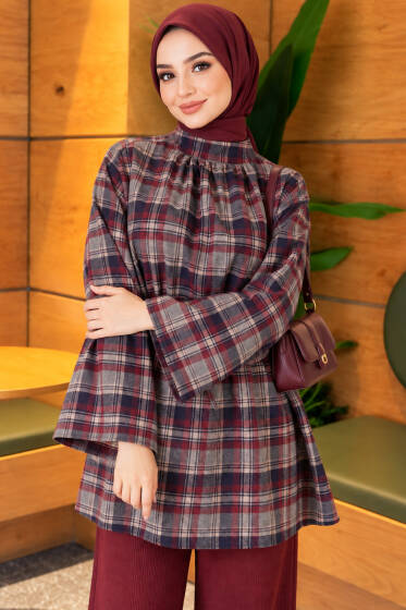Ekose Geniş Kollu Oversize Tunik Lacivert - Tunik