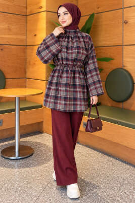 Ekose Geniş Kollu Oversize Tunik Lacivert - Tunik