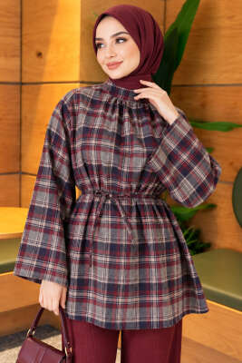 Ekose Geniş Kollu Oversize Tunik Lacivert - Tunik