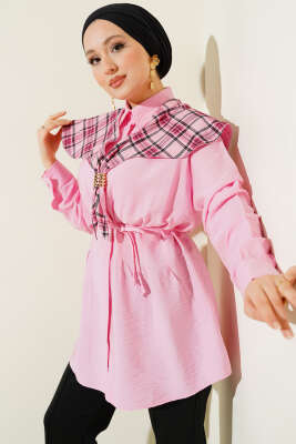 Ekose İzci Yakalı Gömlek Pembe - DESTİNA