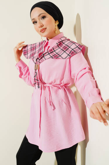 Ekose İzci Yakalı Gömlek Pembe - Gömlek
