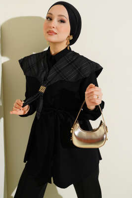 Ekose İzci Yakalı Gömlek Siyah - DESTİNA