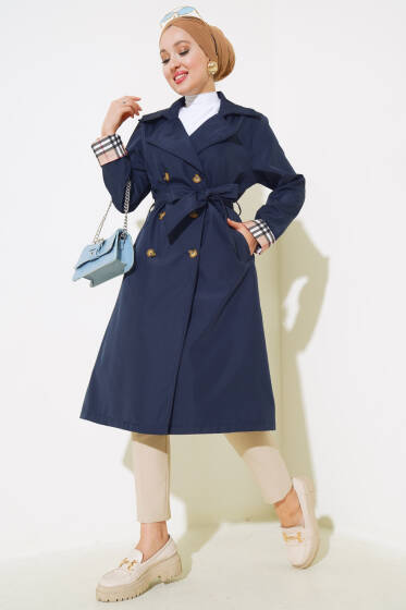 Ekose Manşetli Trençkot Lacivert - Trençkot