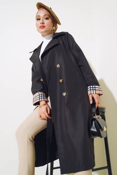 Ekose Manşetli Trençkot Siyah - Trençkot