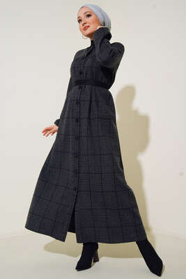 Ekose Model Boydan Düğmeli Elbise Füme - Thumbnail