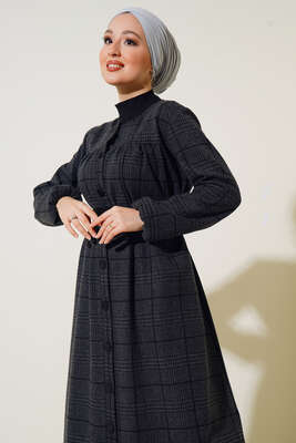 Ekose Model Boydan Düğmeli Elbise Füme - Thumbnail