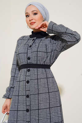 Ekose Model Boydan Düğmeli Elbise Gri - Thumbnail