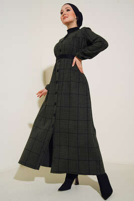 Ekose Model Boydan Düğmeli Elbise Haki - Thumbnail