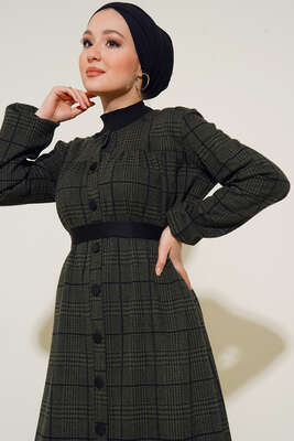 Ekose Model Boydan Düğmeli Elbise Haki - Thumbnail