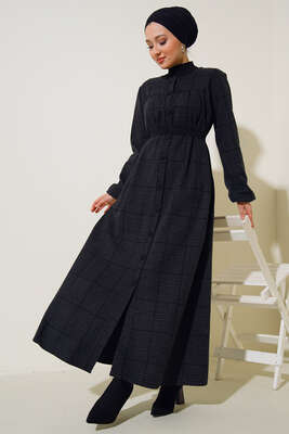 Ekose Model Boydan Düğmeli Elbise Siyah - Thumbnail
