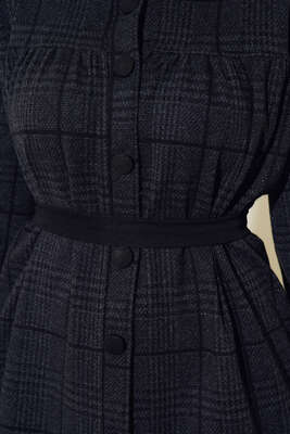 Ekose Model Boydan Düğmeli Elbise Siyah - Thumbnail