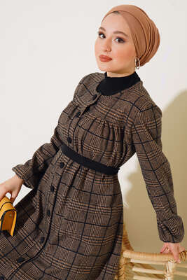 Ekose Model Boydan Düğmeli Elbise Vizon - Thumbnail