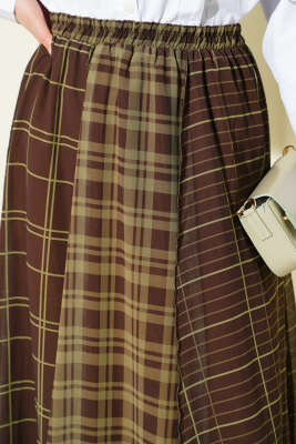 Ekose Şifon Etek Haki - Etek