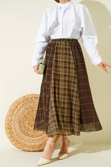 Ekose Şifon Etek Haki - Etek