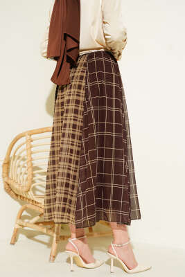 Ekose Şifon Etek Latte - Etek