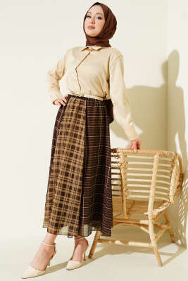 Ekose Şifon Etek Latte - Etek