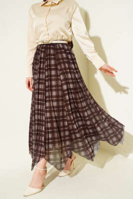 Ekoseli Asimetrik Kloş Etek Kahve - HATUN