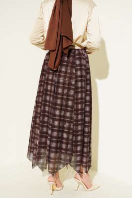 Ekoseli Asimetrik Kloş Etek Kahve - Etek