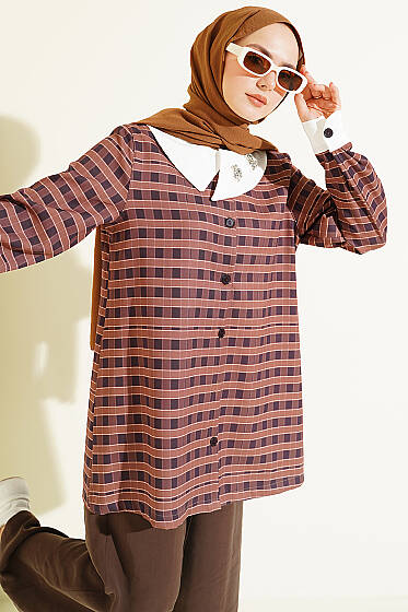 Ekoseli Asimetrik Yakalı Gömlek Kahve - Gömlek