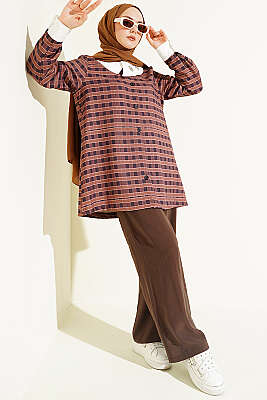 Ekoseli Asimetrik Yakalı Gömlek Kahve - Gömlek