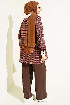 Ekoseli Asimetrik Yakalı Gömlek Kahve - Gömlek