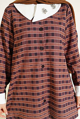 Ekoseli Asimetrik Yakalı Gömlek Kahve - Gömlek