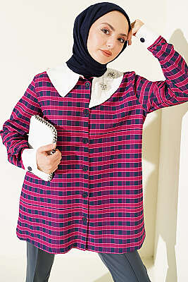 Ekoseli Asimetrik Yakalı Gömlek Mürdüm - Gömlek