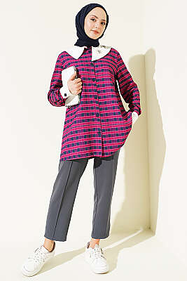 Ekoseli Asimetrik Yakalı Gömlek Mürdüm - Gömlek