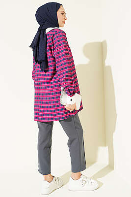 Ekoseli Asimetrik Yakalı Gömlek Mürdüm - Gömlek