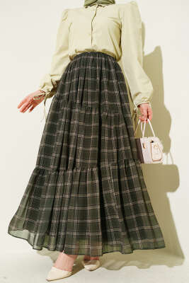 Ekoseli Bel Fermuarlı Şifon Etek Haki - VAV TEKSTİL