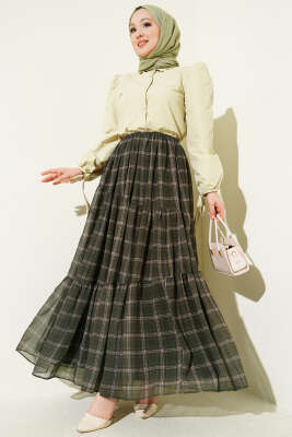 Ekoseli Bel Fermuarlı Şifon Etek Haki - Etek