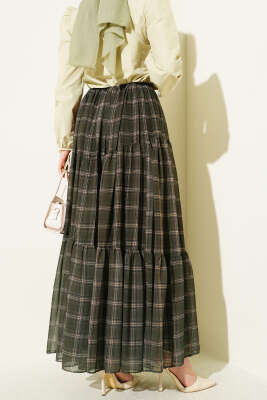 Ekoseli Bel Fermuarlı Şifon Etek Haki - Etek