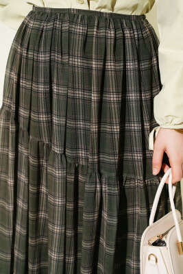 Ekoseli Bel Fermuarlı Şifon Etek Haki - Etek