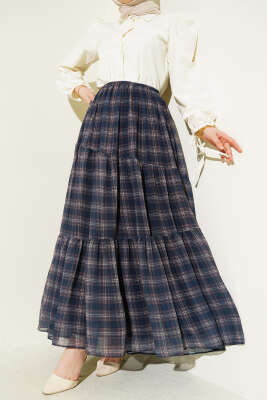 Ekoseli Bel Fermuarlı Şifon Etek İndigo - VAV TEKSTİL