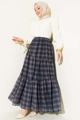 Ekoseli Bel Fermuarlı Şifon Etek İndigo - Etek