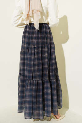 Ekoseli Bel Fermuarlı Şifon Etek İndigo - Etek