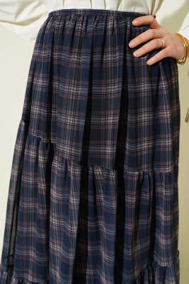 Ekoseli Bel Fermuarlı Şifon Etek İndigo - Etek