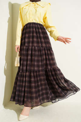 Ekoseli Bel Fermuarlı Şifon Etek Kahve - VAV TEKSTİL