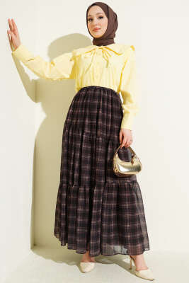 Ekoseli Bel Fermuarlı Şifon Etek Kahve - Etek