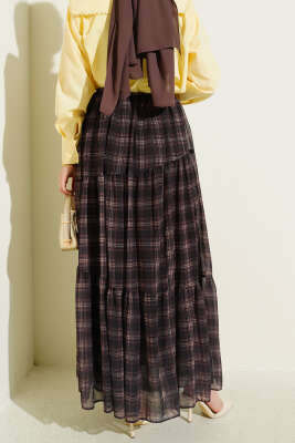 Ekoseli Bel Fermuarlı Şifon Etek Kahve - Etek